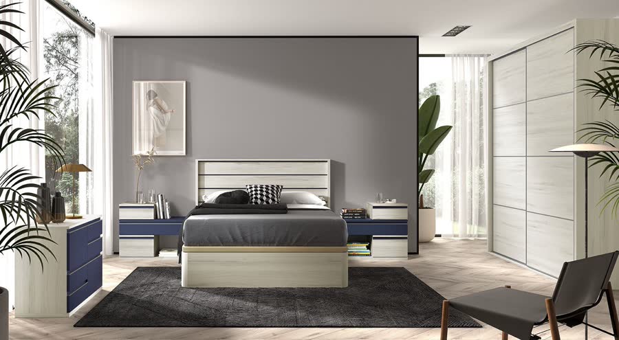Dormitorio de líneas modernas con paredes grises y cama de cabecero iluminado
