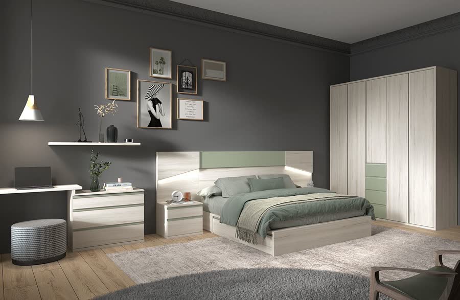 Dormitorio con cama y escritorio en gris y blanco