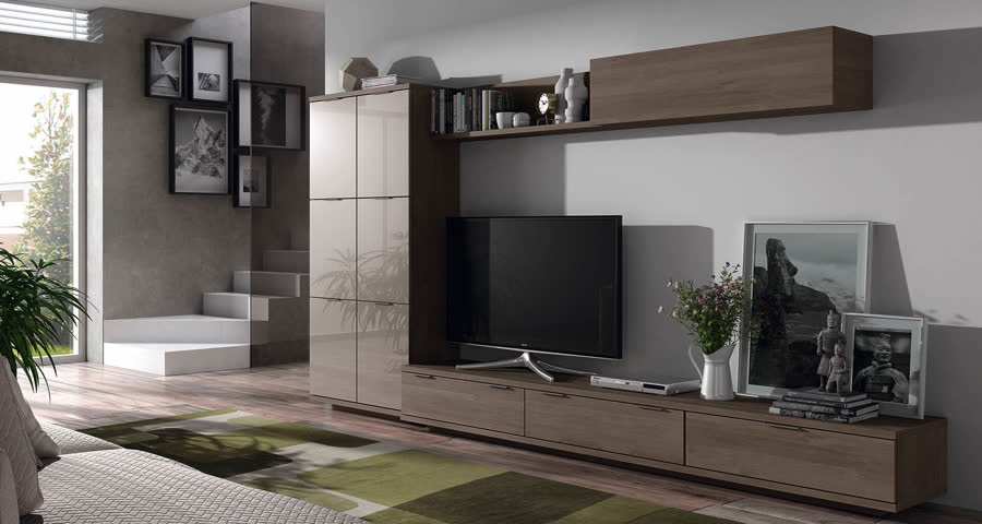 Salón con módulo de pared para televisor en madera marrón y armario alto lateral