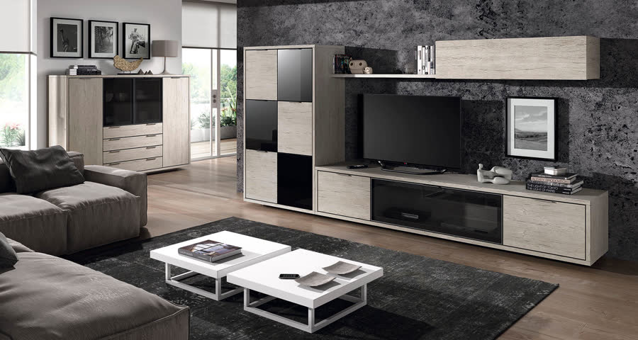 Salón con módulo de pared para televisor en madera, blanco y negro